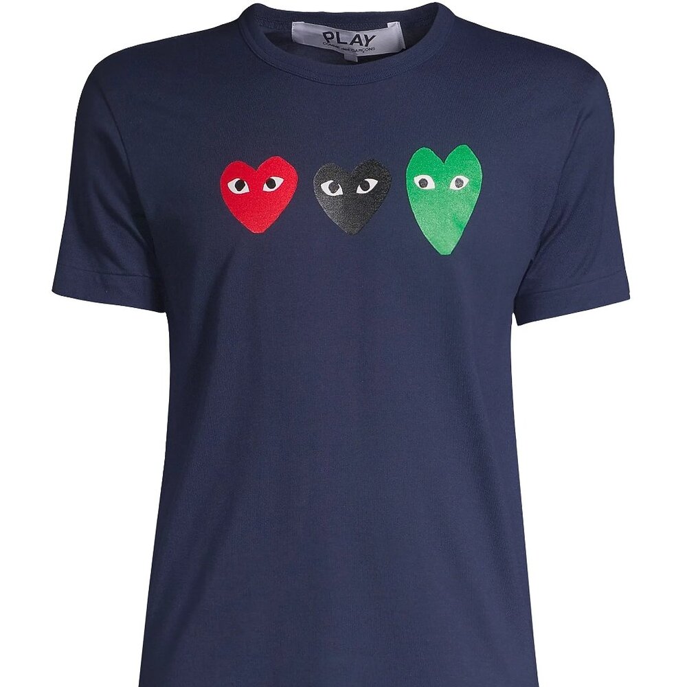 Comme Des Garcons Play Three Heart Logo T-shirt Large Blue 100% Cotton